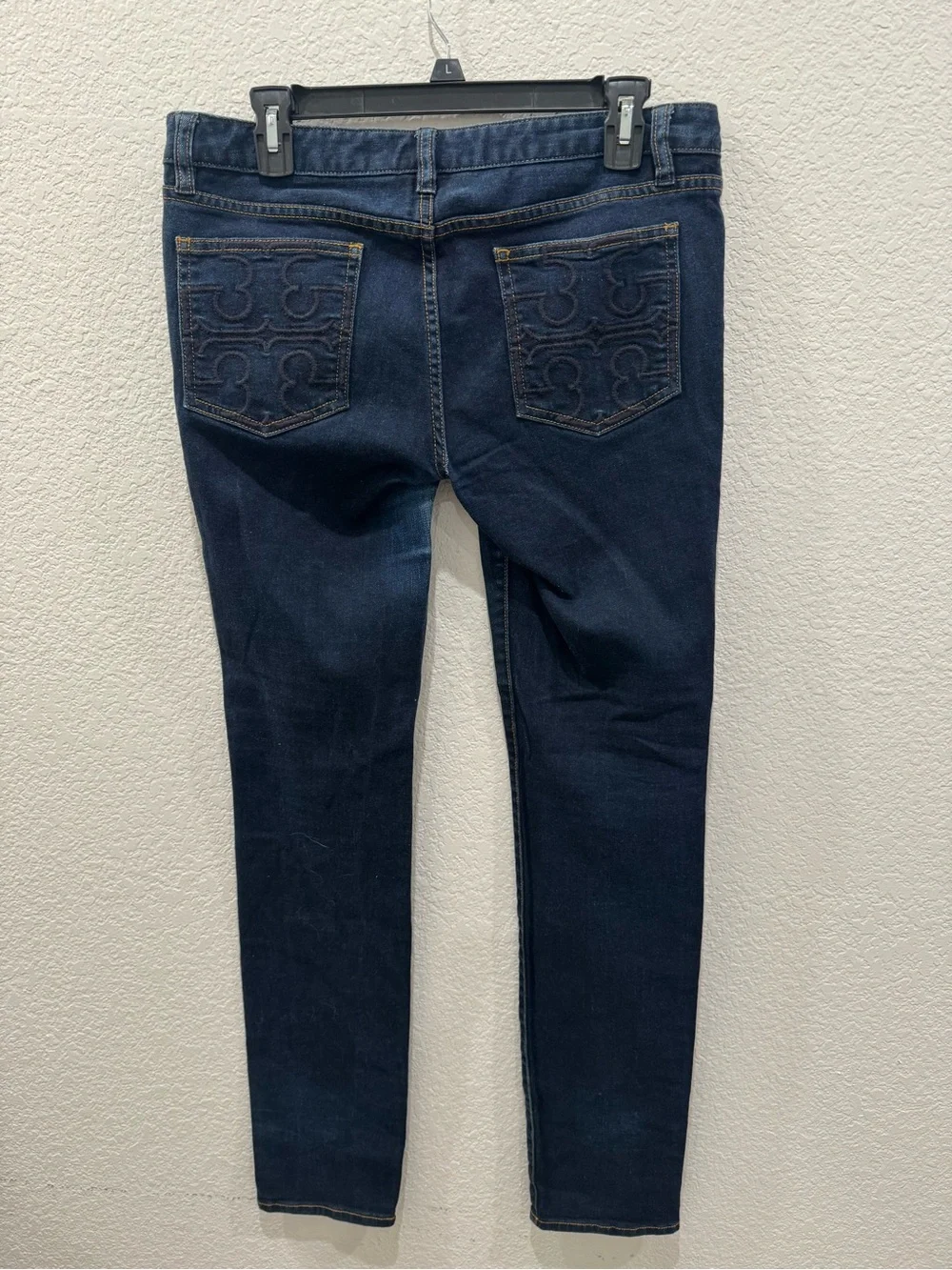 Tory Burch Skinny Jeans Womens 29 Dark Blue Embroidered Logo Back Pockets